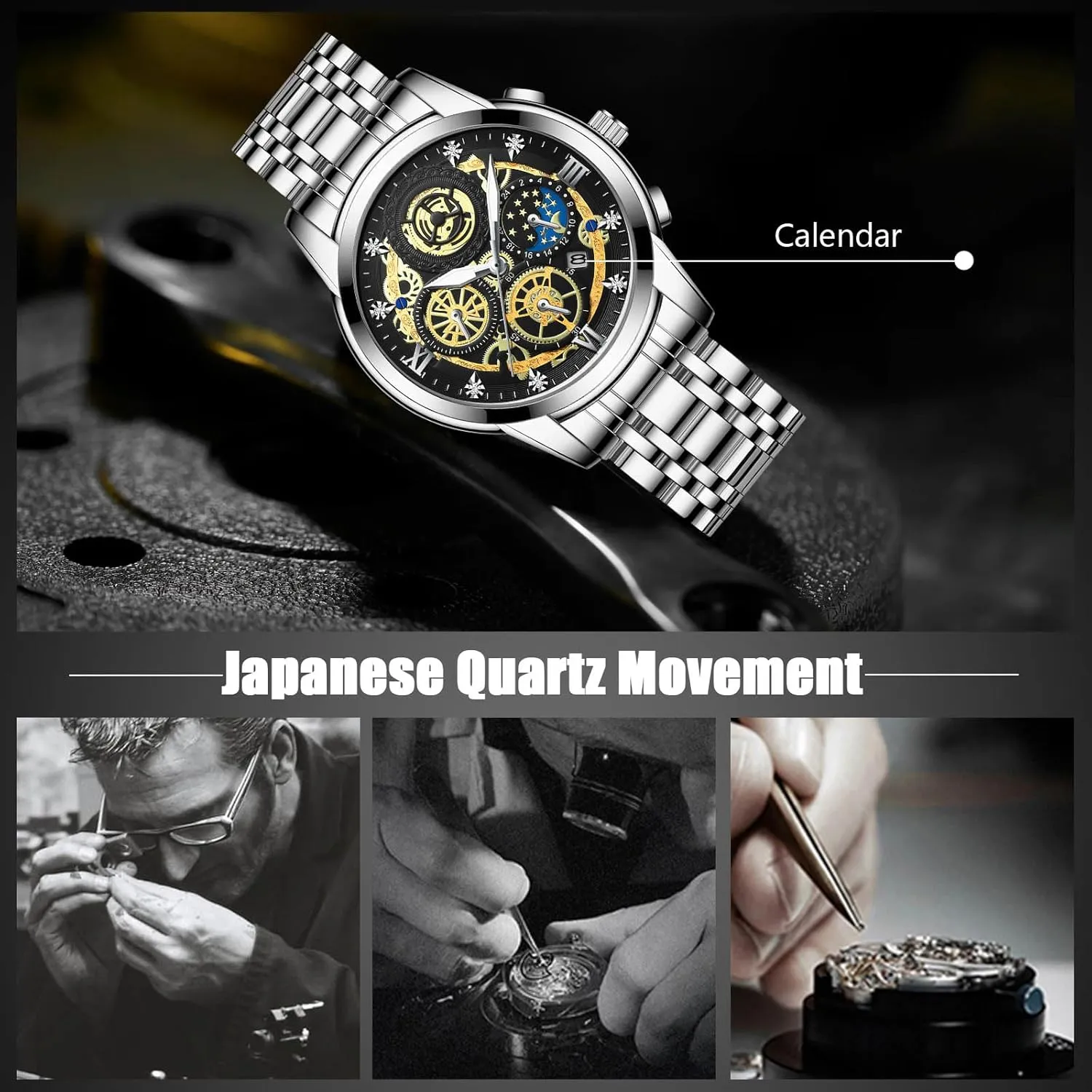 Stainless Steel Luminous Date Calendar Watches Decorative Subdial diamond thimble fragrance metric RORIOS Men's Analogue Quartz Watch Diamond Waterproof Wristwatch Business 