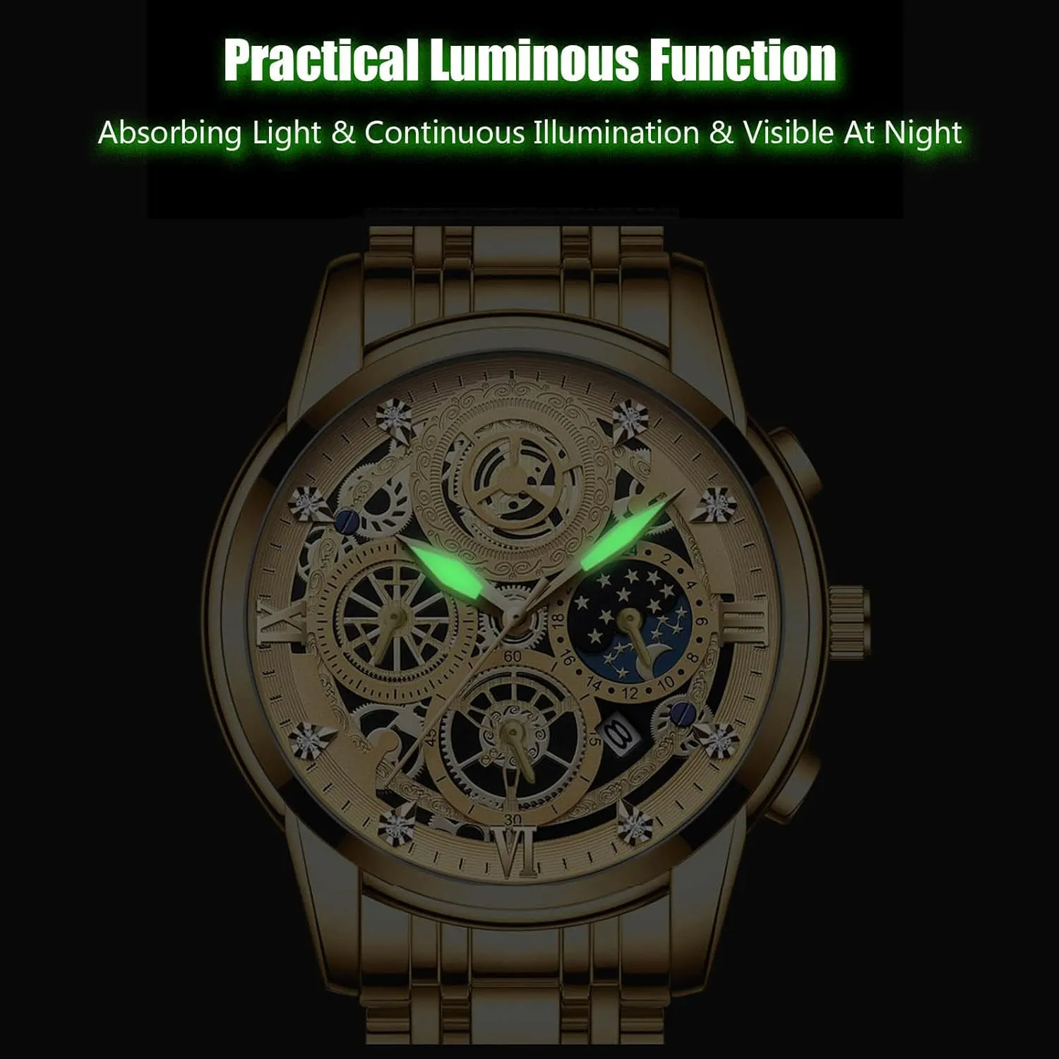 Stainless Steel Luminous Date Calendar Watches Decorative Subdial diamond thimble fragrance metric RORIOS Men's Analogue Quartz Watch Diamond Waterproof Wristwatch Business 