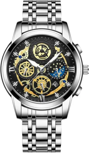 Stainless Steel Luminous Date Calendar Watches Decorative Subdial diamond thimble fragrance metric RORIOS Men's Analogue Quartz Watch Diamond Waterproof Wristwatch Business 