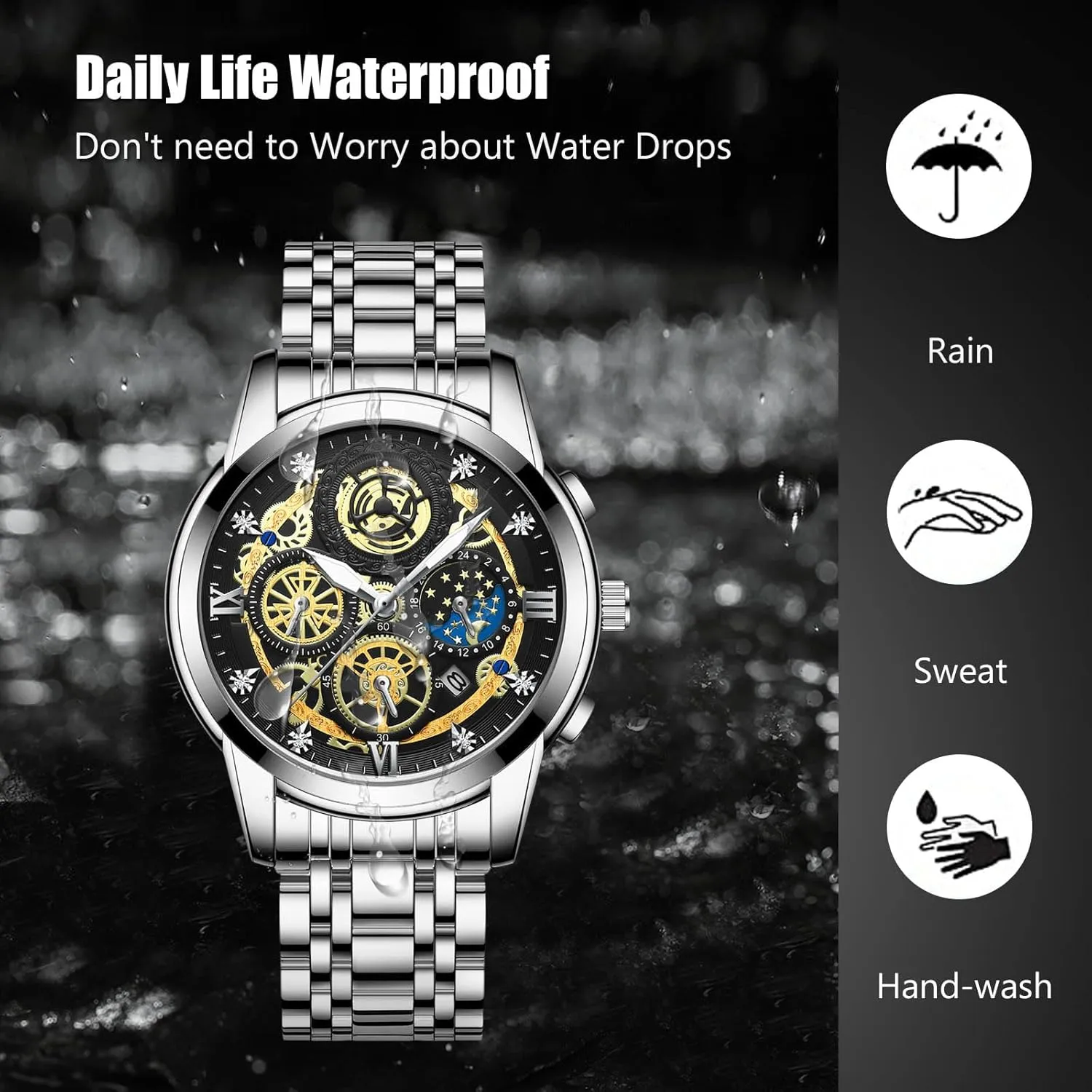 Stainless Steel Luminous Date Calendar Watches Decorative Subdial diamond thimble fragrance metric RORIOS Men's Analogue Quartz Watch Diamond Waterproof Wristwatch Business 