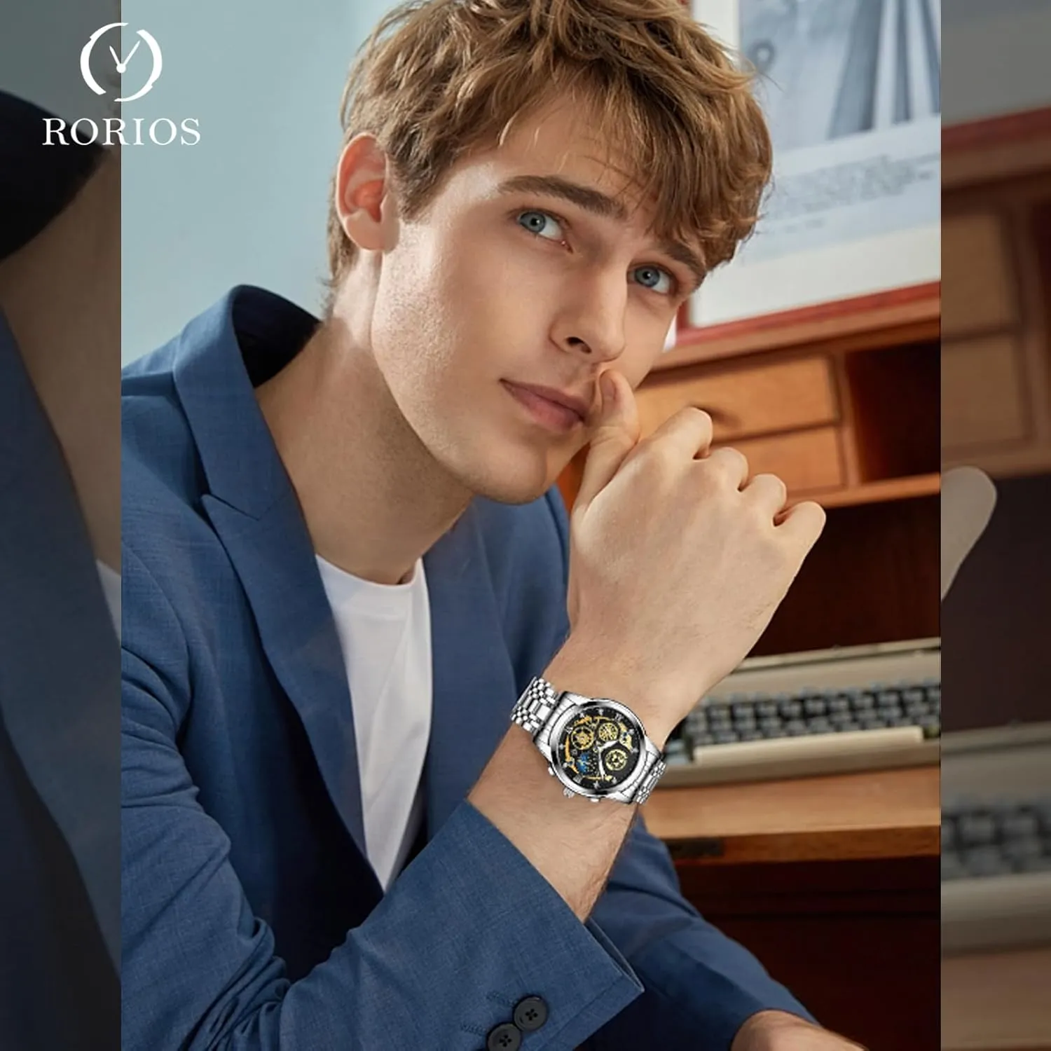 Stainless Steel Luminous Date Calendar Watches Decorative Subdial diamond thimble fragrance metric RORIOS Men's Analogue Quartz Watch Diamond Waterproof Wristwatch Business 