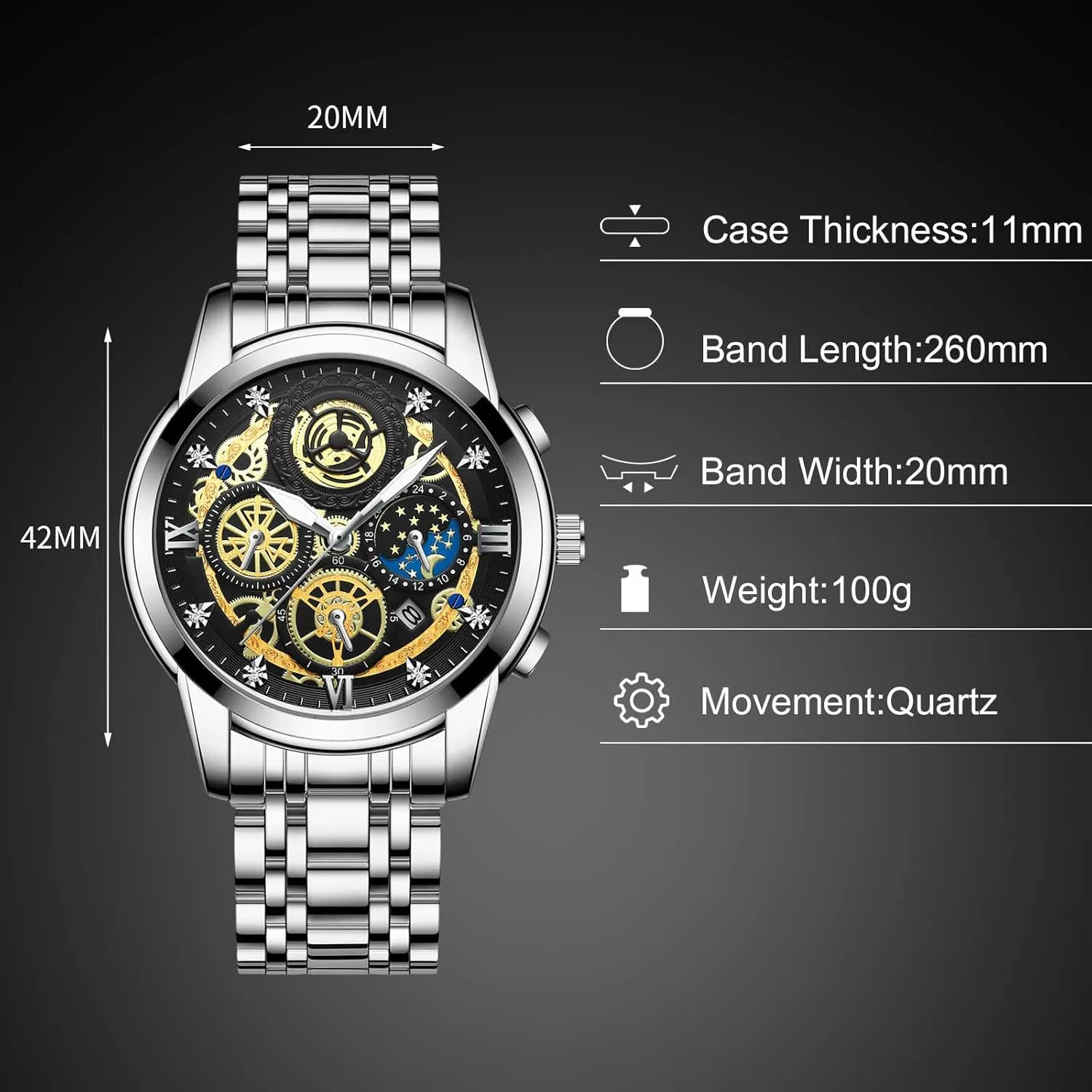 Stainless Steel Luminous Date Calendar Watches Decorative Subdial diamond thimble fragrance metric RORIOS Men's Analogue Quartz Watch Diamond Waterproof Wristwatch Business 