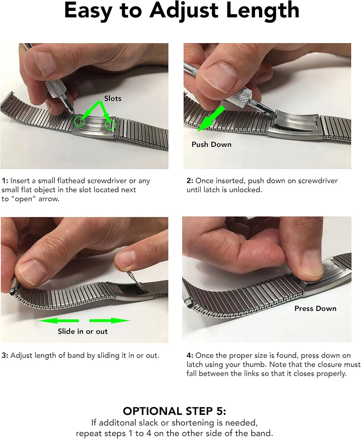 Stainless Steel Stretch Watch Band, Straight End, dive Metal Expansion Strap, Adjustable Length - Silver, Gold and Silver/Gold Tone - 18mm, 19mm, 20mm, 21mm, 22mm Bandini 