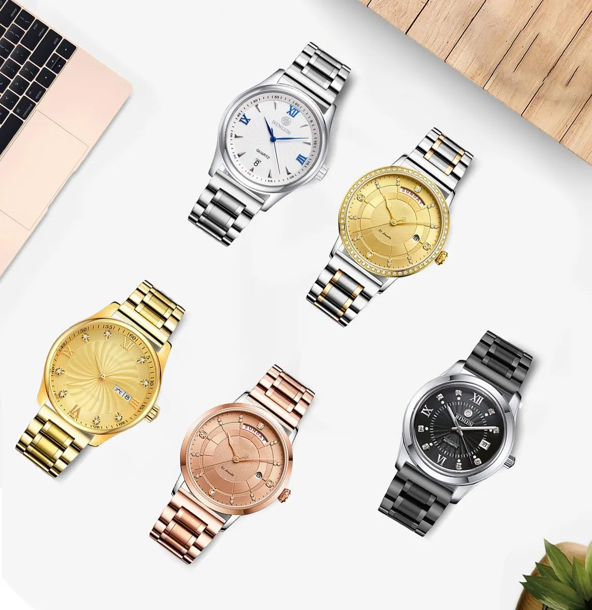 Stainless Steel Watch Bands 12mm-24mm Universal Metal guilde mat swiftly riddle rich Replacement Watch Straps SmartWatch Bracelets Links Straight & Curved Ends Men Women 6 Colors(Silver-Gold,16mm) BINLUN 