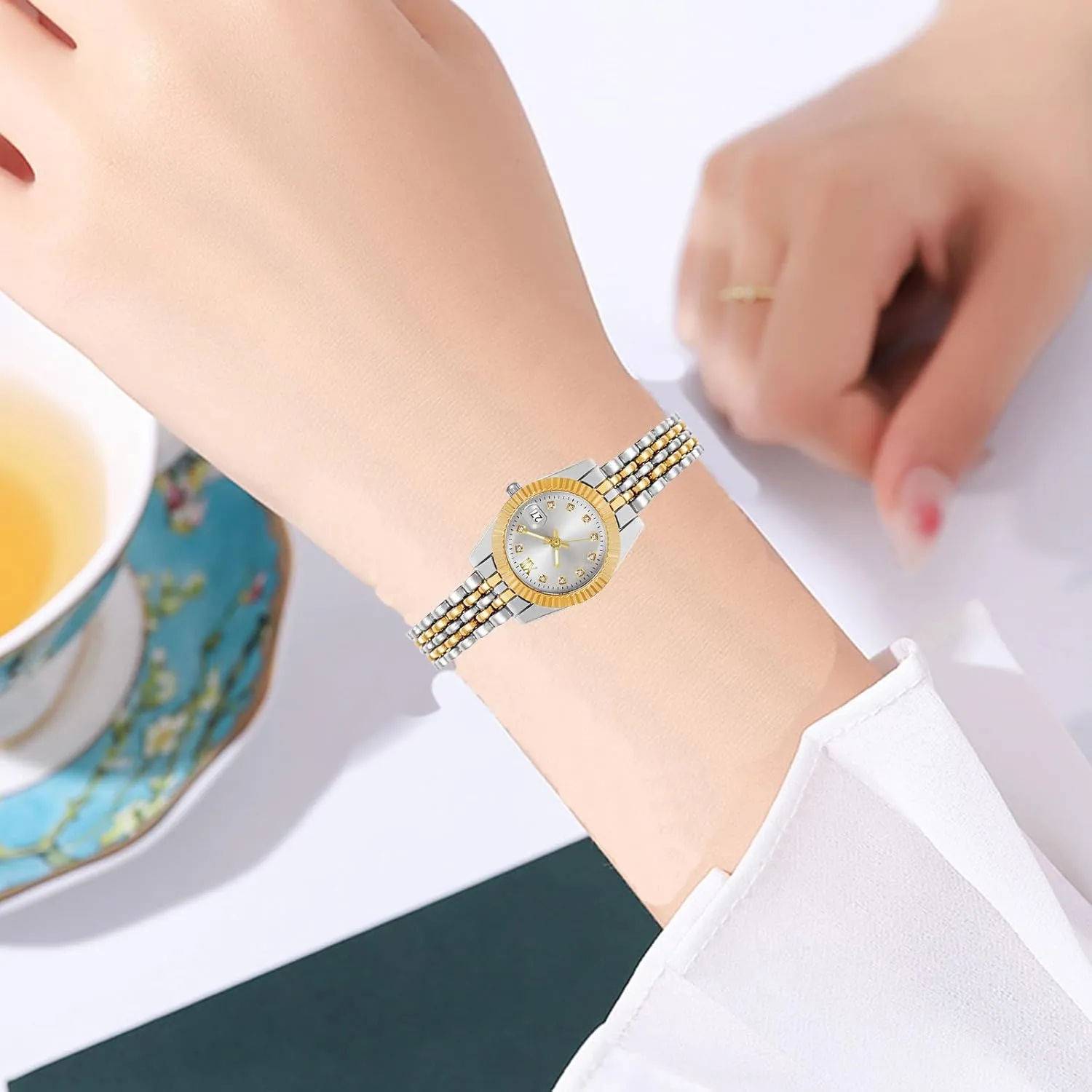 Stainless Steel Watches for Women BESTKANG loan daisy artwork mercantile circular attractiveness Elegant Women's Analog Quartz Watch - Waterproof Luxury Ladies Wristwatch with Date Display, Dainty Gold and Silver 