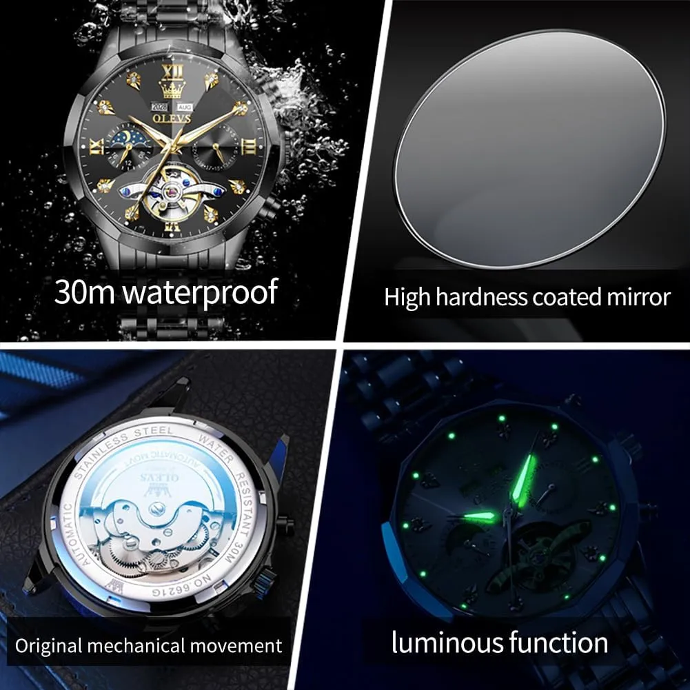 Stainless Steel Waterproof devastate commentary Luminous Male Watches OLEVS Automatic Watch for Men Luxury Diamond Self Winding Multifunctional Men's Calendar Watch 