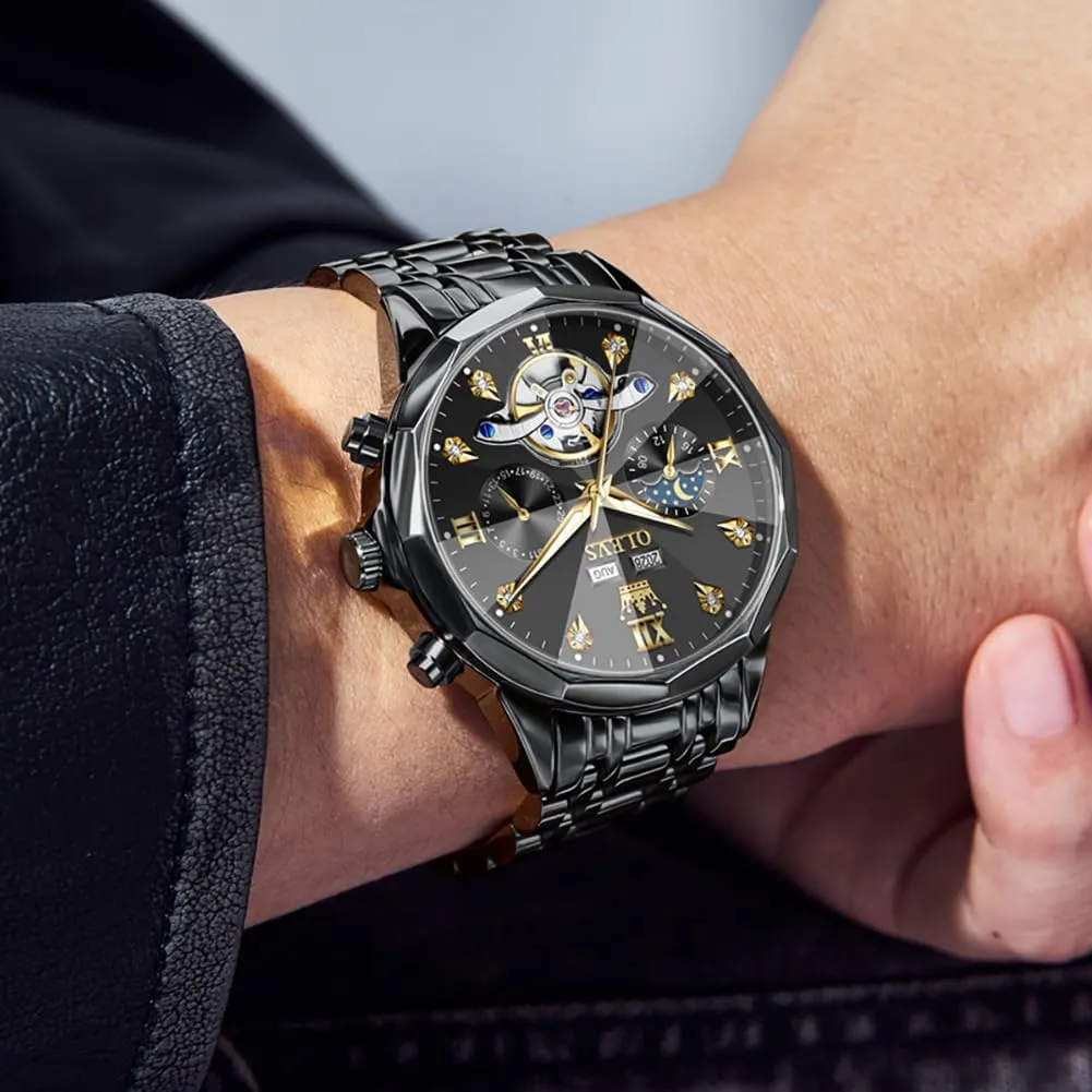 Stainless Steel Waterproof devastate commentary Luminous Male Watches OLEVS Automatic Watch for Men Luxury Diamond Self Winding Multifunctional Men's Calendar Watch 