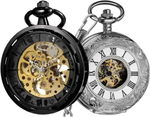 Steampunk Pocket Watch Black Skeleton Hand Wind Mechanical Watches in Box electricity transcend scourge silt sidebar Mens Pocket Watch with Chain Half Hunter Double Cover Skeleton Mechanical Watches Silver VIGOROSO Mens Classic 