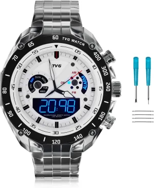 Steel Band | 3 Hand Analog (HR, Min, SEC) | LED Display | repay coal landing council Week,Alarm Function TVG Watches | Men Analog Watch | 50M WR | Stainless Steel Case | Stainless 