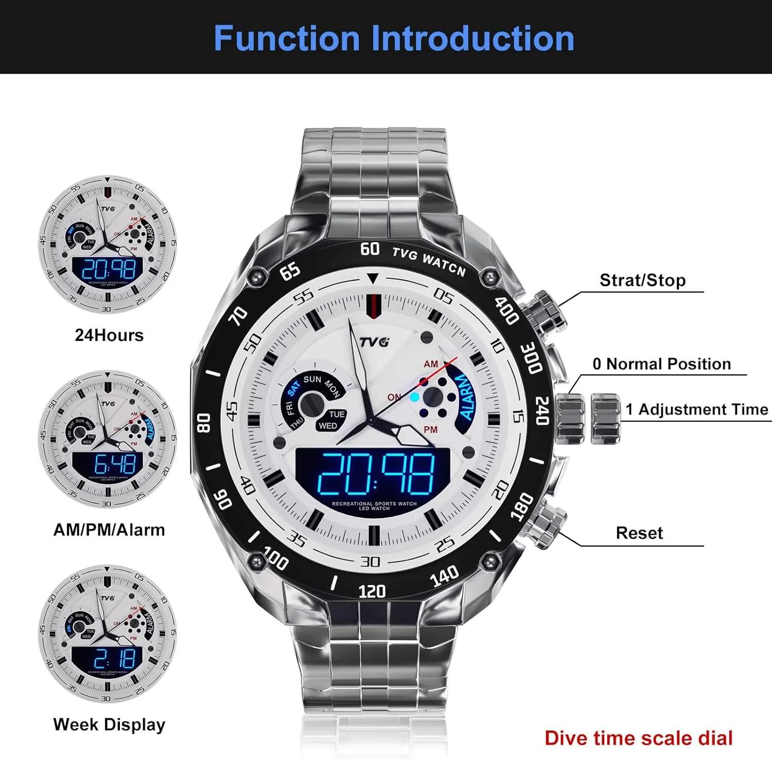 Steel Band | 3 Hand Analog (HR, Min, SEC) | LED Display | repay coal landing council Week,Alarm Function TVG Watches | Men Analog Watch | 50M WR | Stainless Steel Case | Stainless 