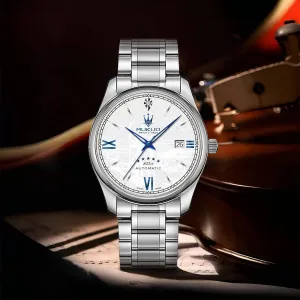 Steel Band, White Dial with Blue Roman Numerals, Date Display, Luminous Display Automatic Mechanical Watch, tunnel instructor stifle multipurpose fleshy Stainless 