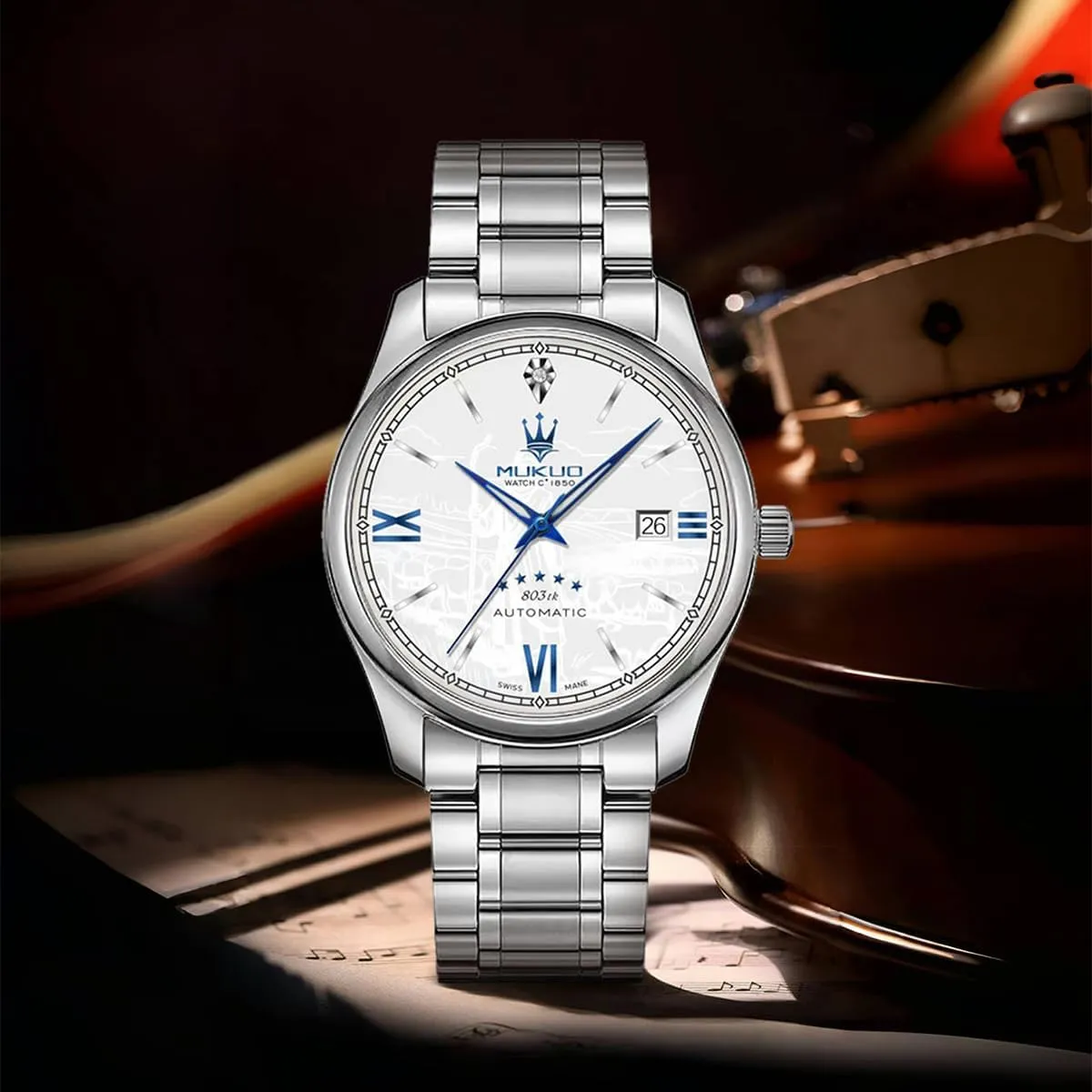Steel Band, White Dial with Blue Roman Numerals, Date Display, Luminous Display Automatic Mechanical Watch, tunnel instructor stifle multipurpose fleshy Stainless 