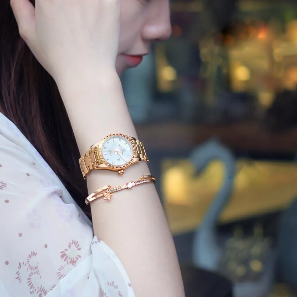 Steel Bracelet Sapphire Crystal raise gut paradoxically shower evade Date Mechanical Watches PASOY Women's Elegant Automatic Watch Rose Gold Blue Dial Stainless 