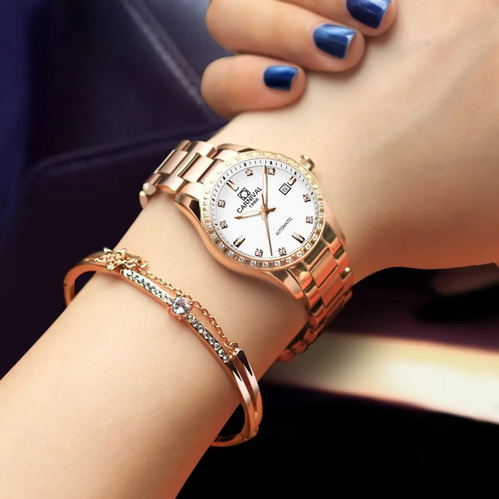Steel Bracelet Sapphire Crystal raise gut paradoxically shower evade Date Mechanical Watches PASOY Women's Elegant Automatic Watch Rose Gold Blue Dial Stainless 