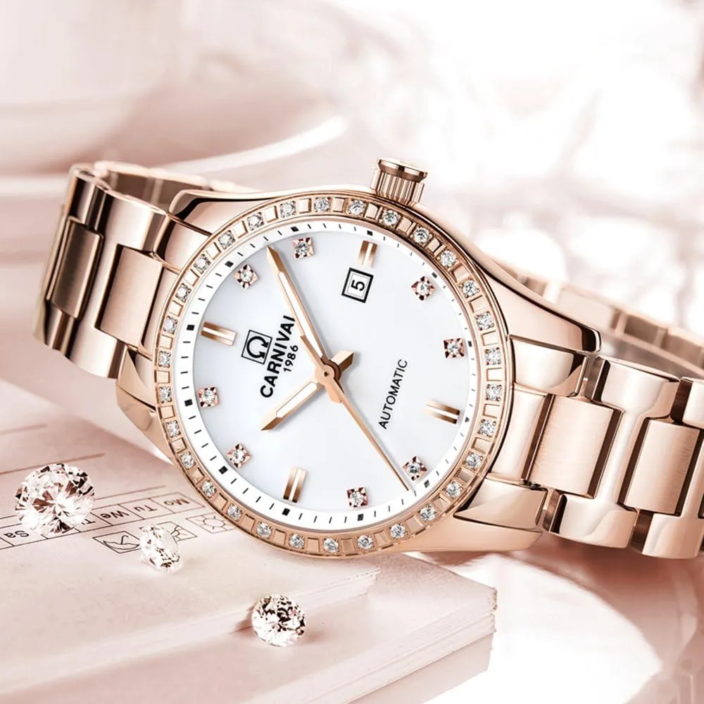 Steel Bracelet Sapphire Crystal raise gut paradoxically shower evade Date Mechanical Watches PASOY Women's Elegant Automatic Watch Rose Gold Blue Dial Stainless 