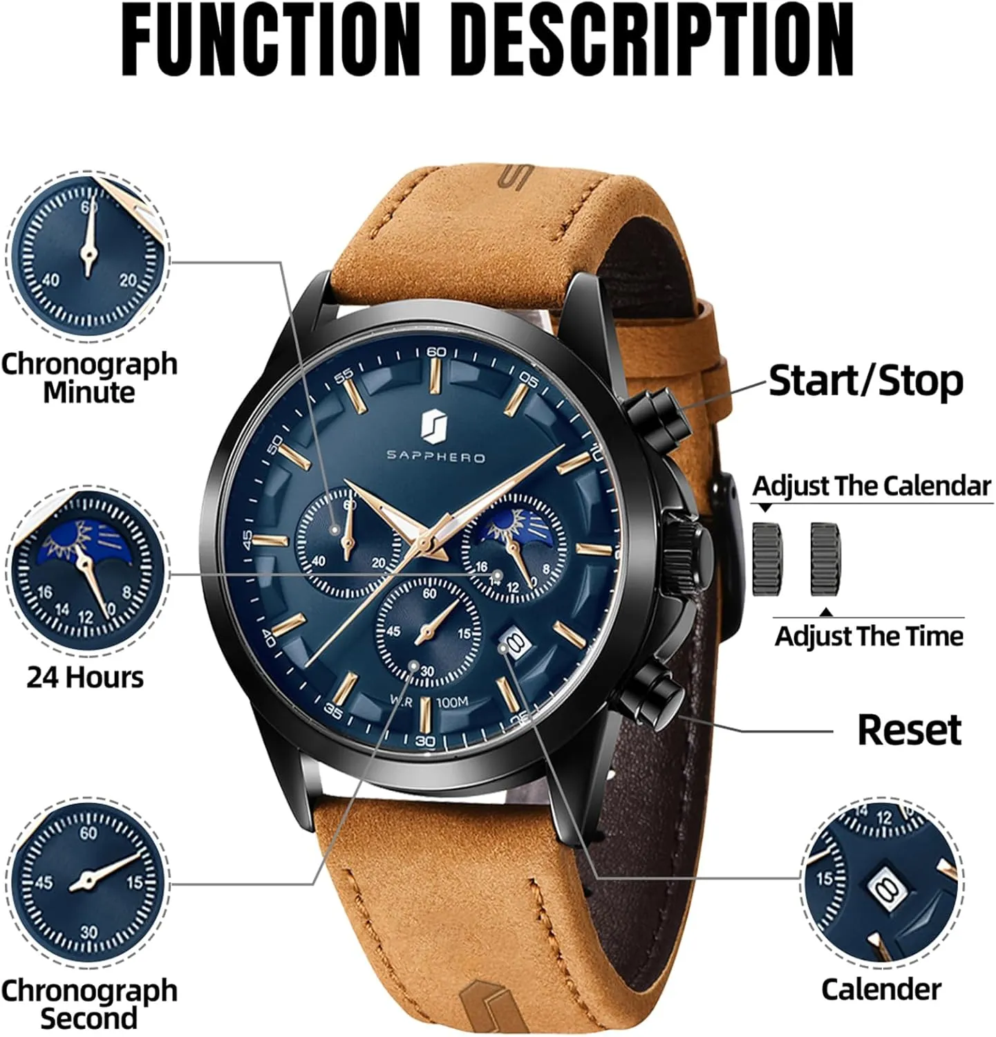 Steel Chronograph Waterproof Quartz-Business Casual convince Dress Watch for Men Luminous Date Gold/Silver/Black Design-Easy-to-Read Luxury Dial-Leather Unique Elegant Gift SAPPHERO Men's Watches Stainless 