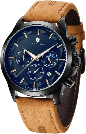 Steel Chronograph Waterproof Quartz-Business Casual convince Dress Watch for Men Luminous Date Gold/Silver/Black Design-Easy-to-Read Luxury Dial-Leather Unique Elegant Gift SAPPHERO Men's Watches Stainless 
