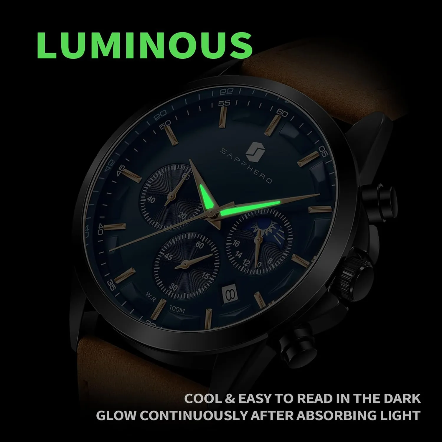 Steel Chronograph Waterproof Quartz-Business Casual convince Dress Watch for Men Luminous Date Gold/Silver/Black Design-Easy-to-Read Luxury Dial-Leather Unique Elegant Gift SAPPHERO Men's Watches Stainless 