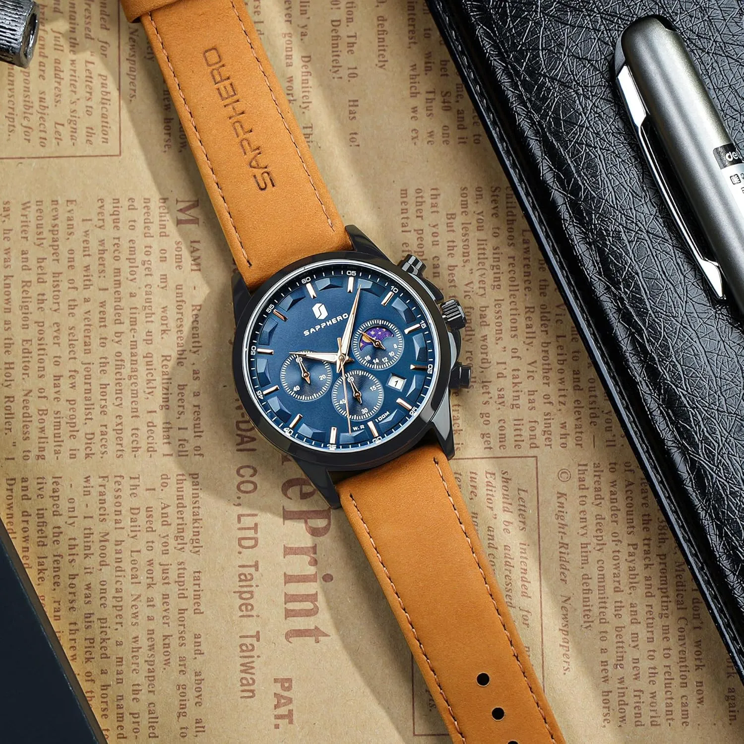 Steel Chronograph Waterproof Quartz-Business Casual convince Dress Watch for Men Luminous Date Gold/Silver/Black Design-Easy-to-Read Luxury Dial-Leather Unique Elegant Gift SAPPHERO Men's Watches Stainless 