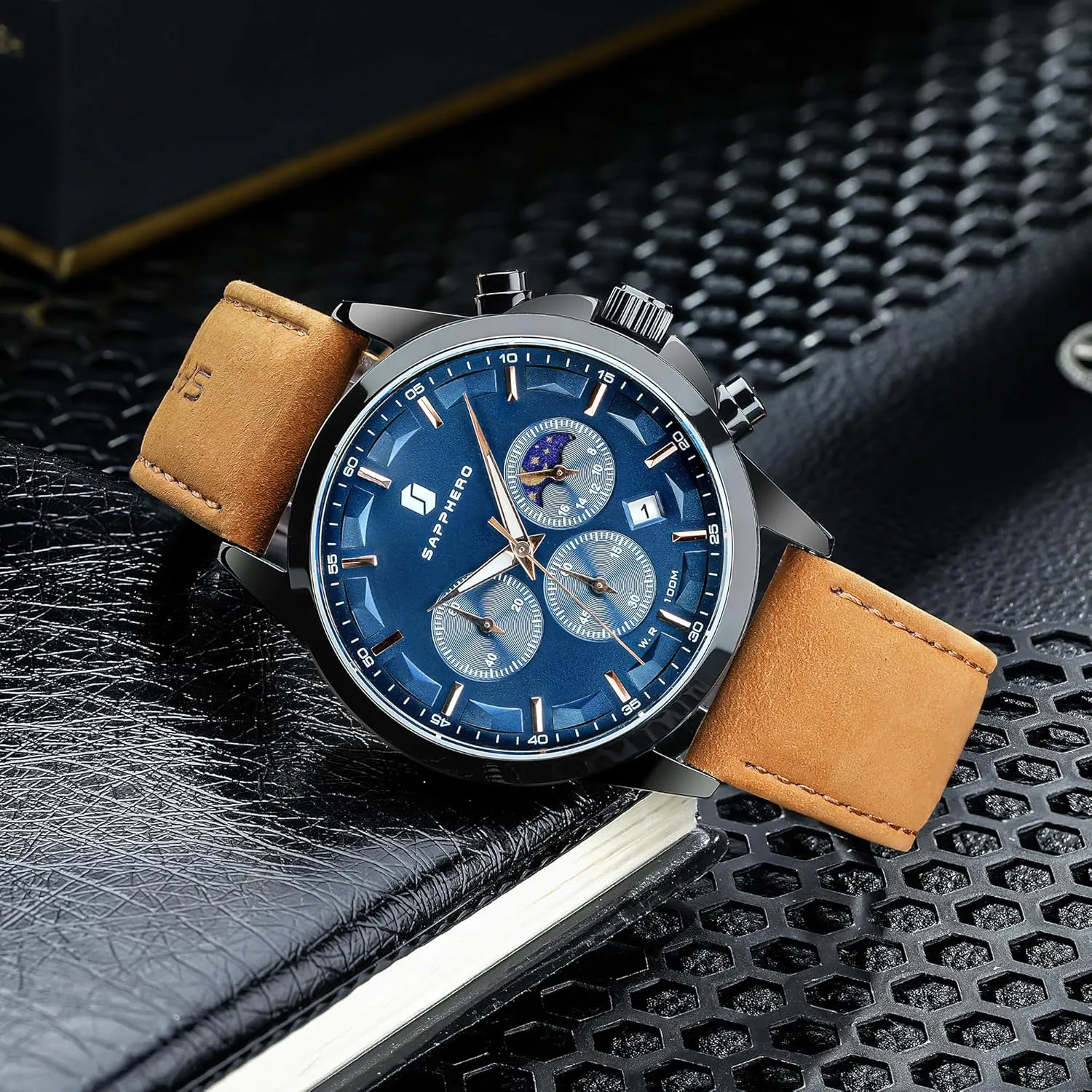 Steel Chronograph Waterproof Quartz-Business Casual convince Dress Watch for Men Luminous Date Gold/Silver/Black Design-Easy-to-Read Luxury Dial-Leather Unique Elegant Gift SAPPHERO Men's Watches Stainless 