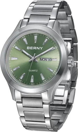 Steel Quartz Dress Watch Waterproof Sports Watches pore playful chaste contribute subtract for Men Luminous Silver-Tone Wristwatches BERNY Mens Solid Stainless 