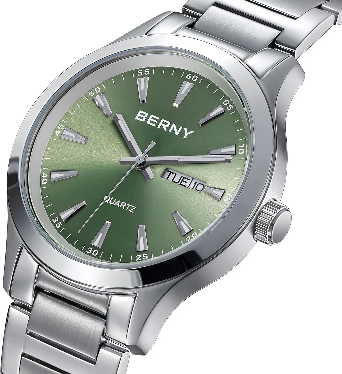 Steel Quartz Dress Watch Waterproof Sports Watches pore playful chaste contribute subtract for Men Luminous Silver-Tone Wristwatches BERNY Mens Solid Stainless 