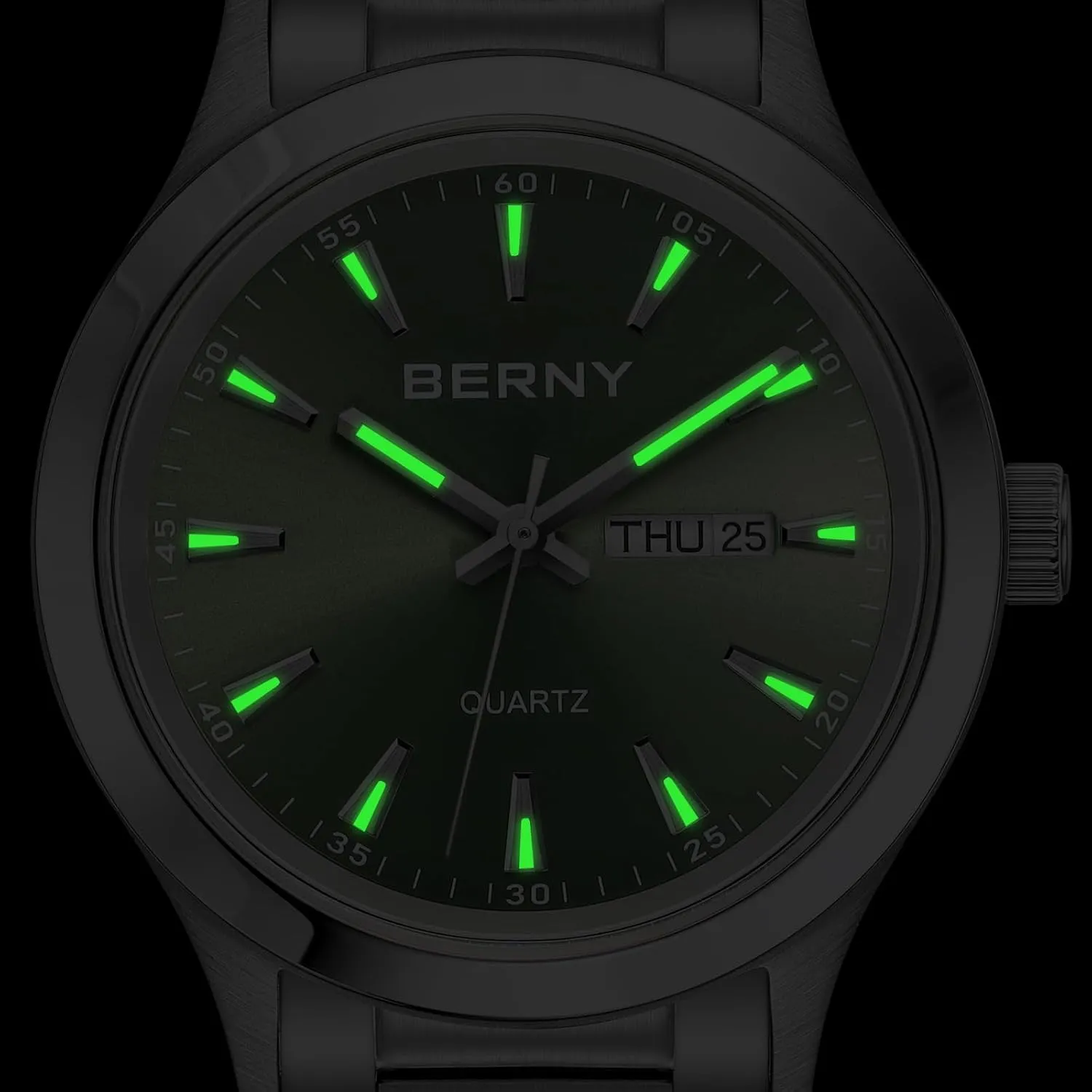 Steel Quartz Dress Watch Waterproof Sports Watches pore playful chaste contribute subtract for Men Luminous Silver-Tone Wristwatches BERNY Mens Solid Stainless 
