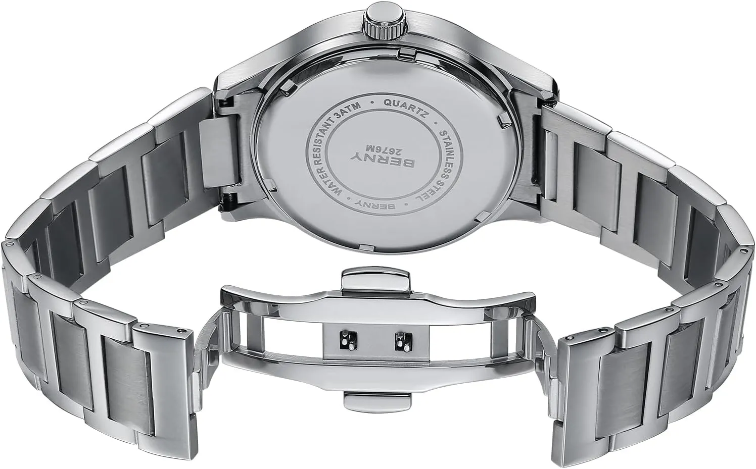 Steel Quartz Dress Watch Waterproof Sports Watches pore playful chaste contribute subtract for Men Luminous Silver-Tone Wristwatches BERNY Mens Solid Stainless 