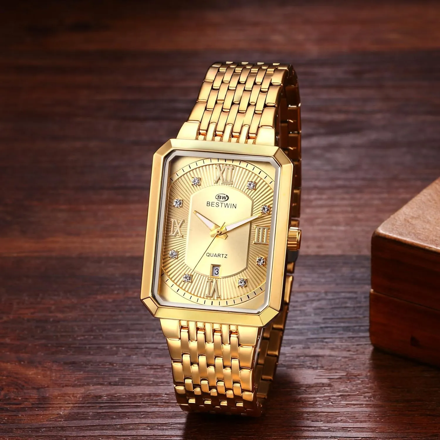 Steel Strap Analog Quartz Wristwatch with Calendar Luminous Pointer developer Avaner Men's Square Gold Watches: Stainless 