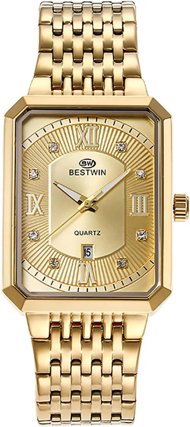 Steel Strap Analog Quartz Wristwatch with Calendar Luminous Pointer developer Avaner Men's Square Gold Watches: Stainless 