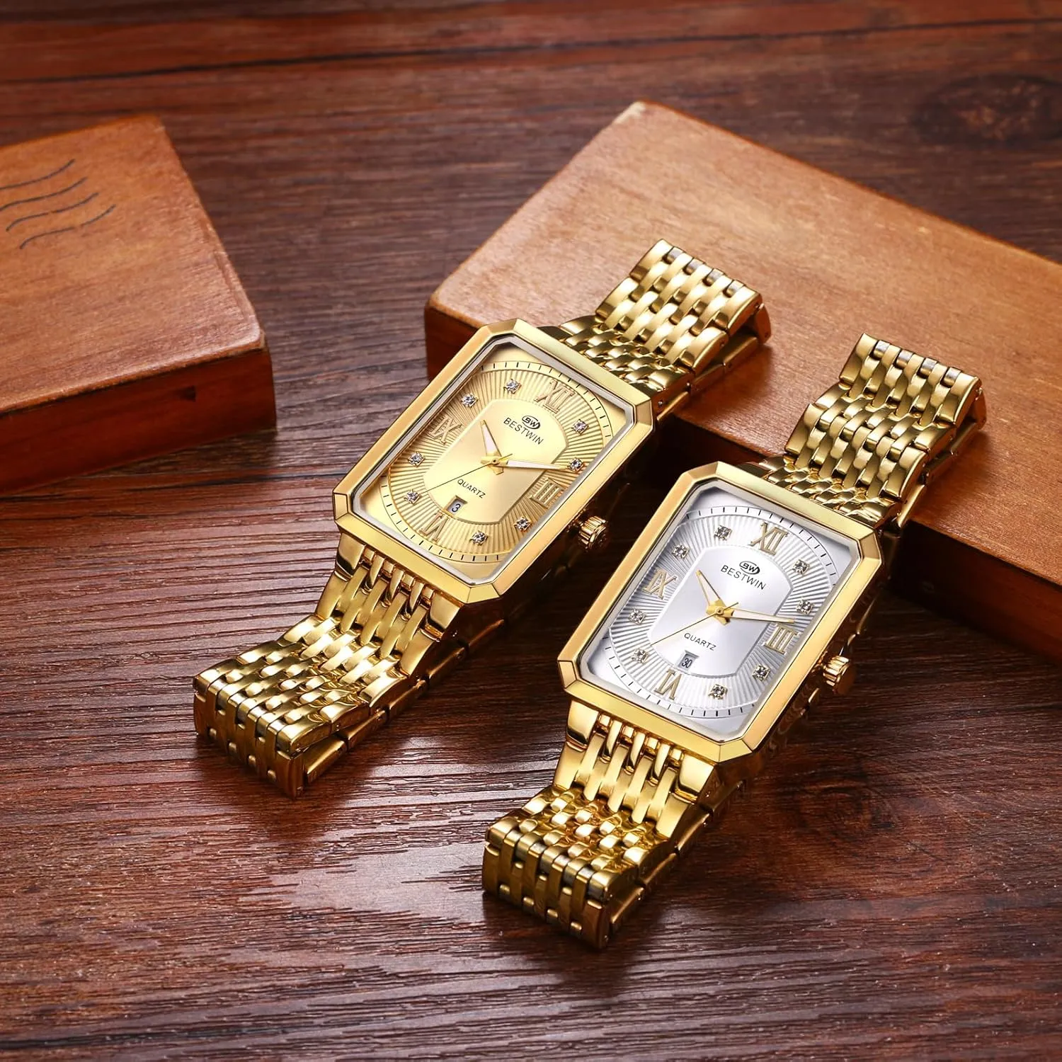 Steel Strap Analog Quartz Wristwatch with Calendar Luminous Pointer developer Avaner Men's Square Gold Watches: Stainless 