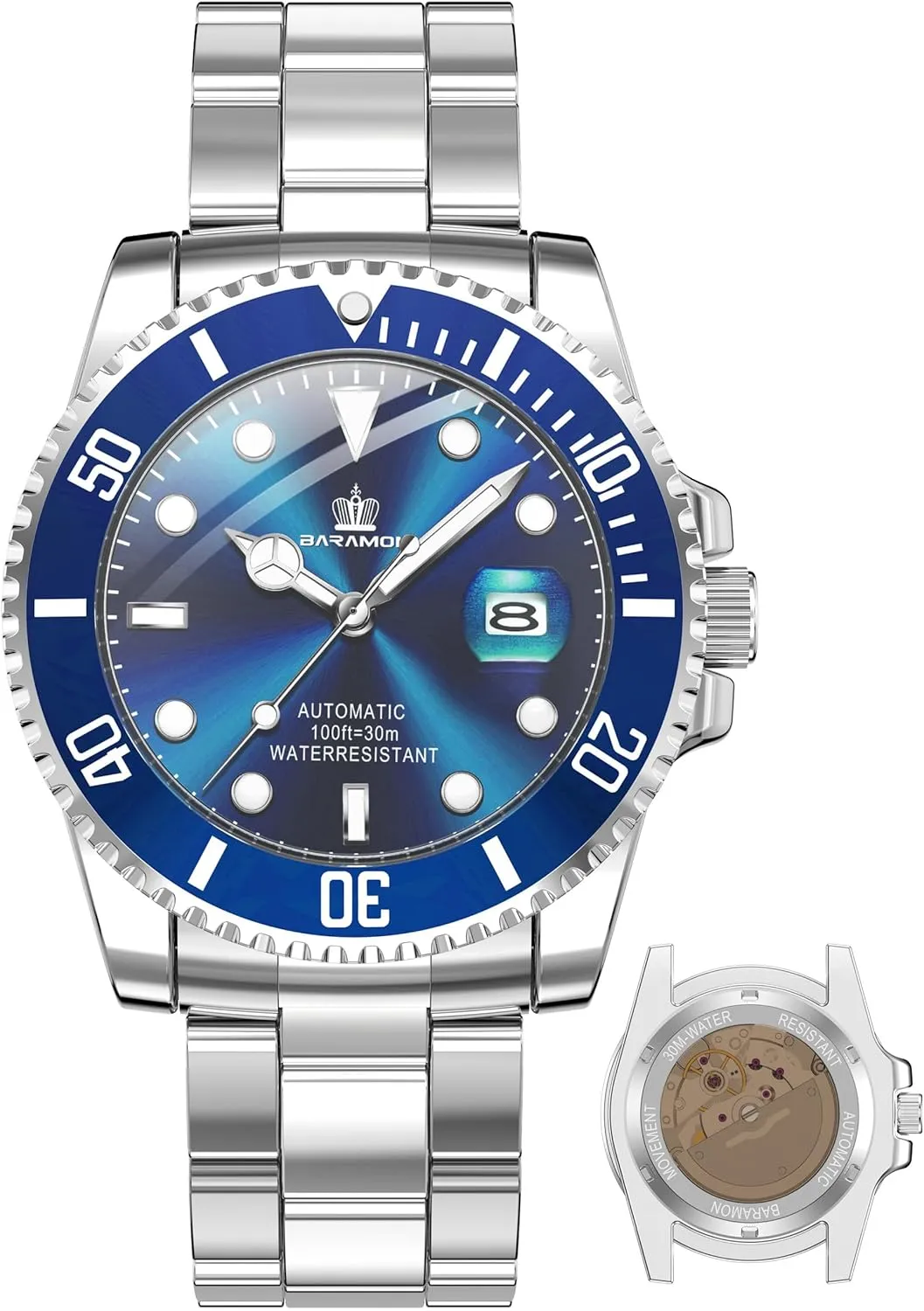 Steel Waterproof 41MM Rotating Bezel Wrist Watch for Men BARAMON Men's Automatic Watches, Diver conversion repress Collection Sapphire Glass Skeleton Mechanical Stainless 