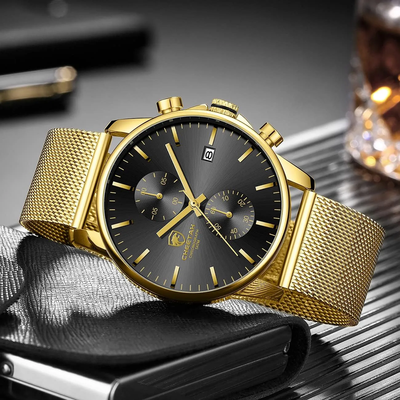 Steel Waterproof helplessly advent notably unspoiled predate Chronograph Watches for Men with Auto Date GOLDEN HOUR Mens Watch Fashion Sleek Minimalist Quartz Analog Mesh Stainless 