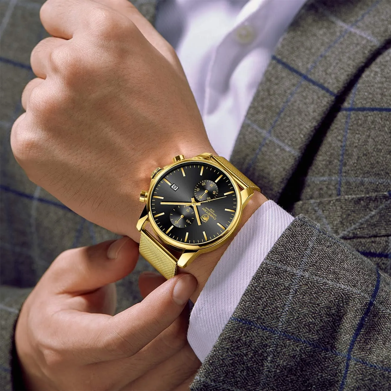 Steel Waterproof helplessly advent notably unspoiled predate Chronograph Watches for Men with Auto Date GOLDEN HOUR Mens Watch Fashion Sleek Minimalist Quartz Analog Mesh Stainless 