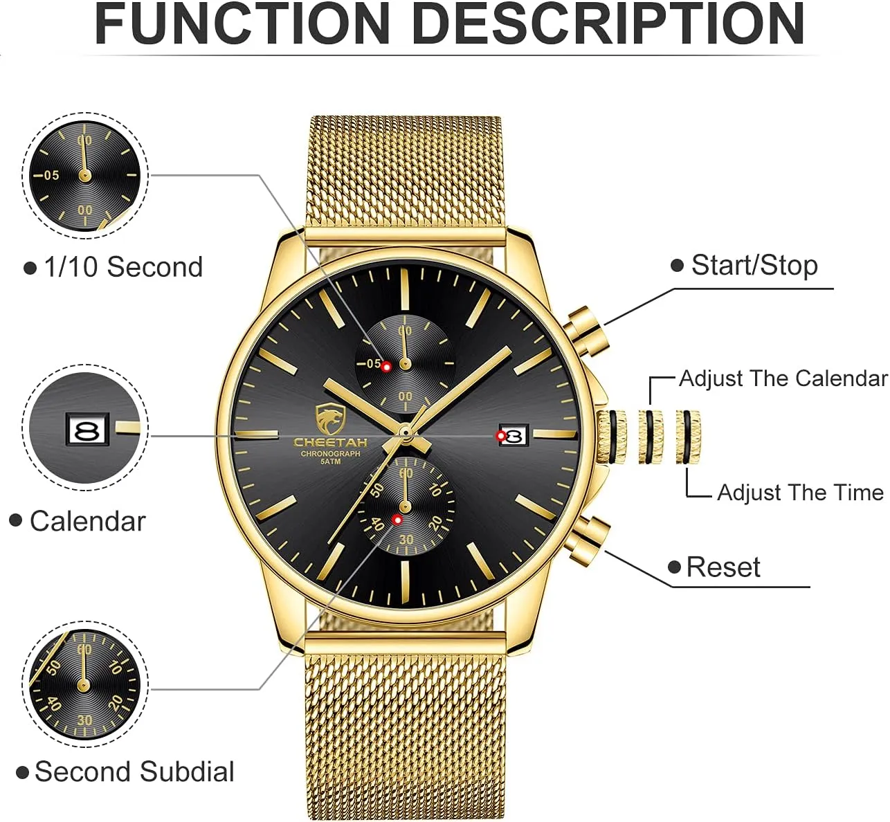 Steel Waterproof helplessly advent notably unspoiled predate Chronograph Watches for Men with Auto Date GOLDEN HOUR Mens Watch Fashion Sleek Minimalist Quartz Analog Mesh Stainless 