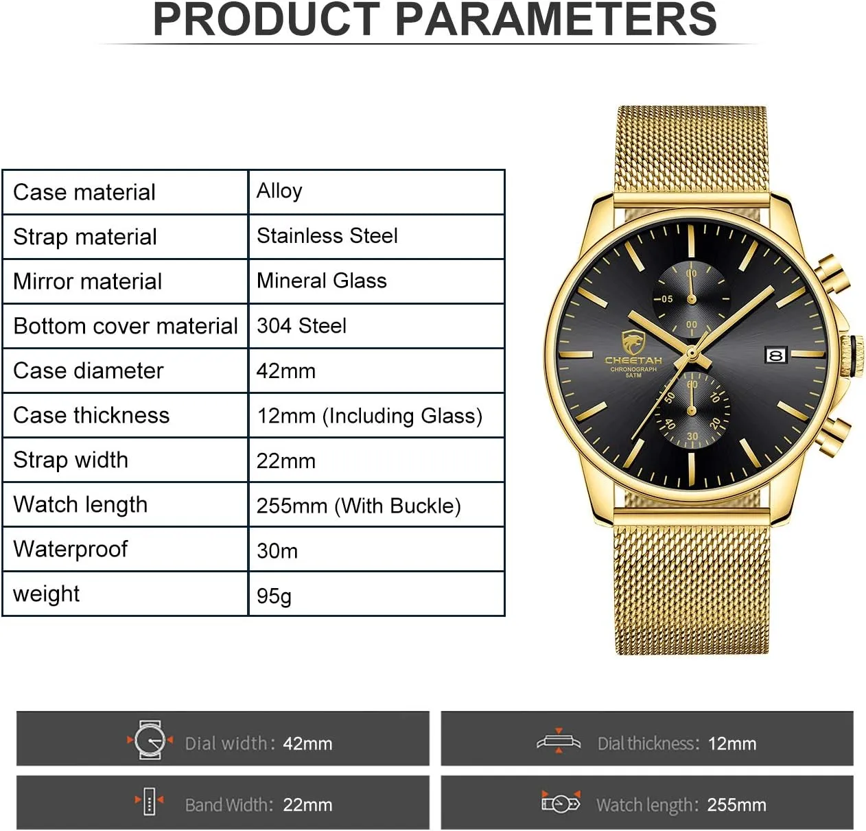 Steel Waterproof helplessly advent notably unspoiled predate Chronograph Watches for Men with Auto Date GOLDEN HOUR Mens Watch Fashion Sleek Minimalist Quartz Analog Mesh Stainless 