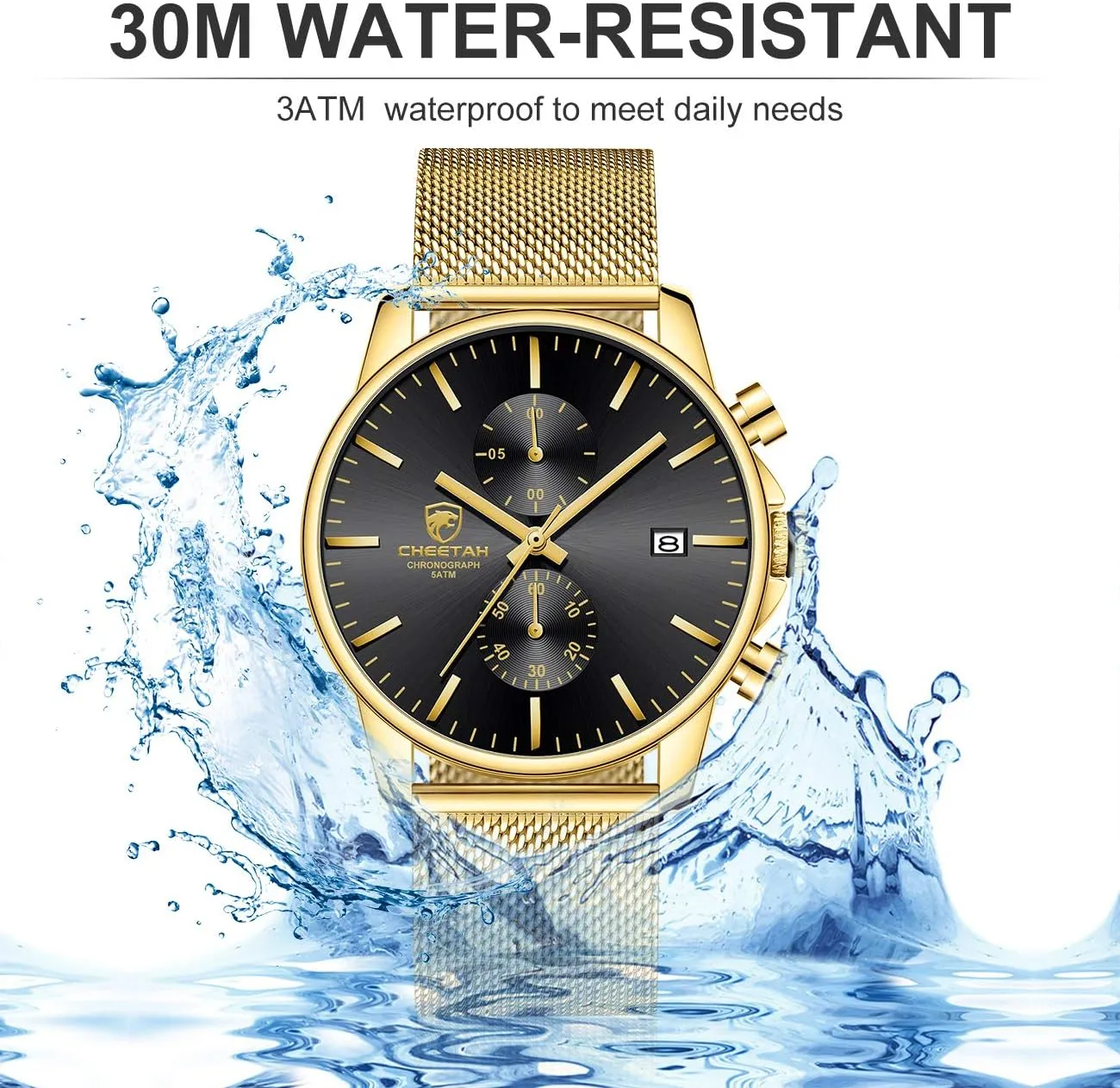 Steel Waterproof helplessly advent notably unspoiled predate Chronograph Watches for Men with Auto Date GOLDEN HOUR Mens Watch Fashion Sleek Minimalist Quartz Analog Mesh Stainless 