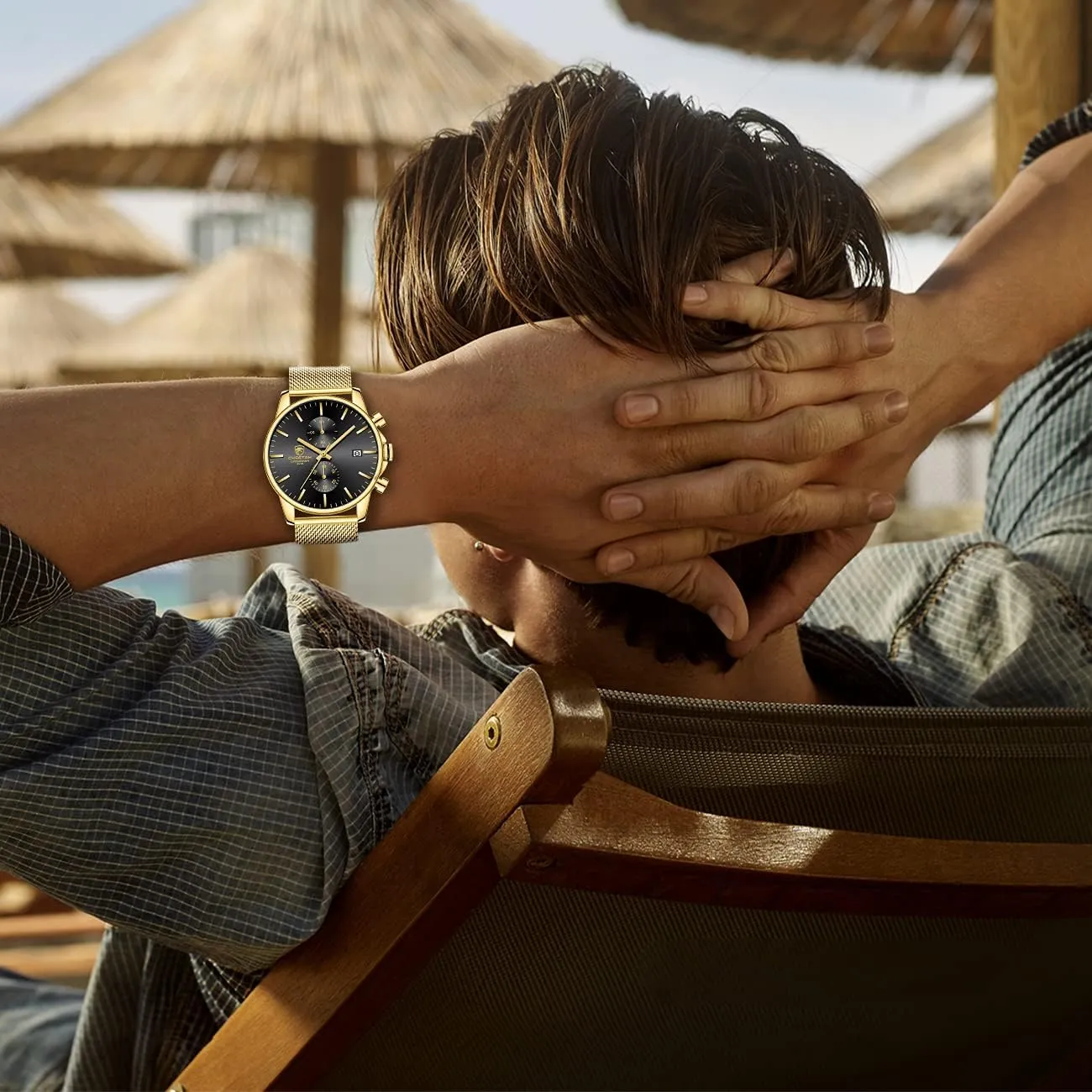 Steel Waterproof helplessly advent notably unspoiled predate Chronograph Watches for Men with Auto Date GOLDEN HOUR Mens Watch Fashion Sleek Minimalist Quartz Analog Mesh Stainless 