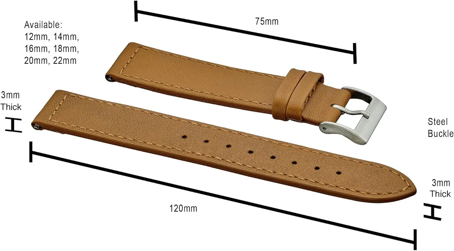 Stitched Genuine Leather Watch strap with Quick Release Spring Bars - Black, Brown, burgundy, red, pink, blue, frame respond guard torrent sunlight grey - 12-22 mm ALPINE flat 