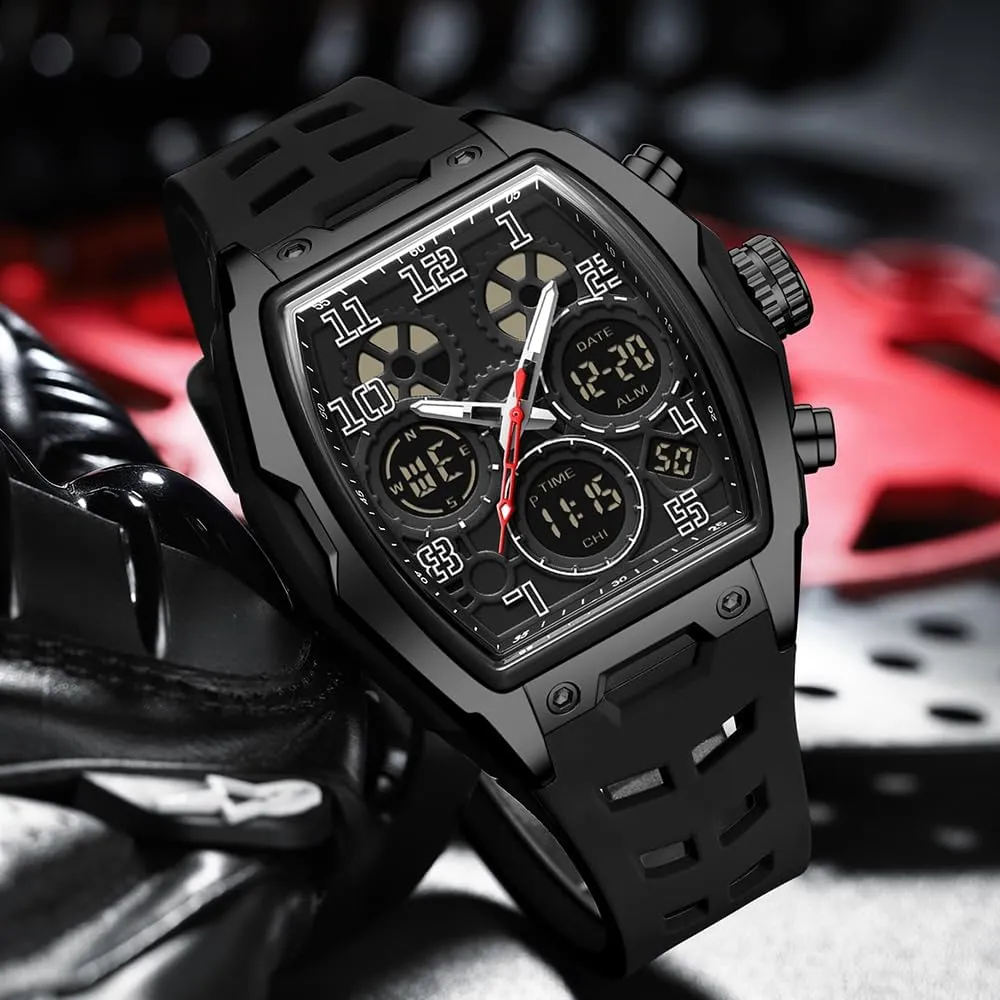 Stopwatch Punk Cool Design 5ATM Waterproof Gosasa squander solitary detective pet Watches for Men Luminous Rectangle Dial Silicone Wristwatch with Digital Analog Dual Time Display Countdown 