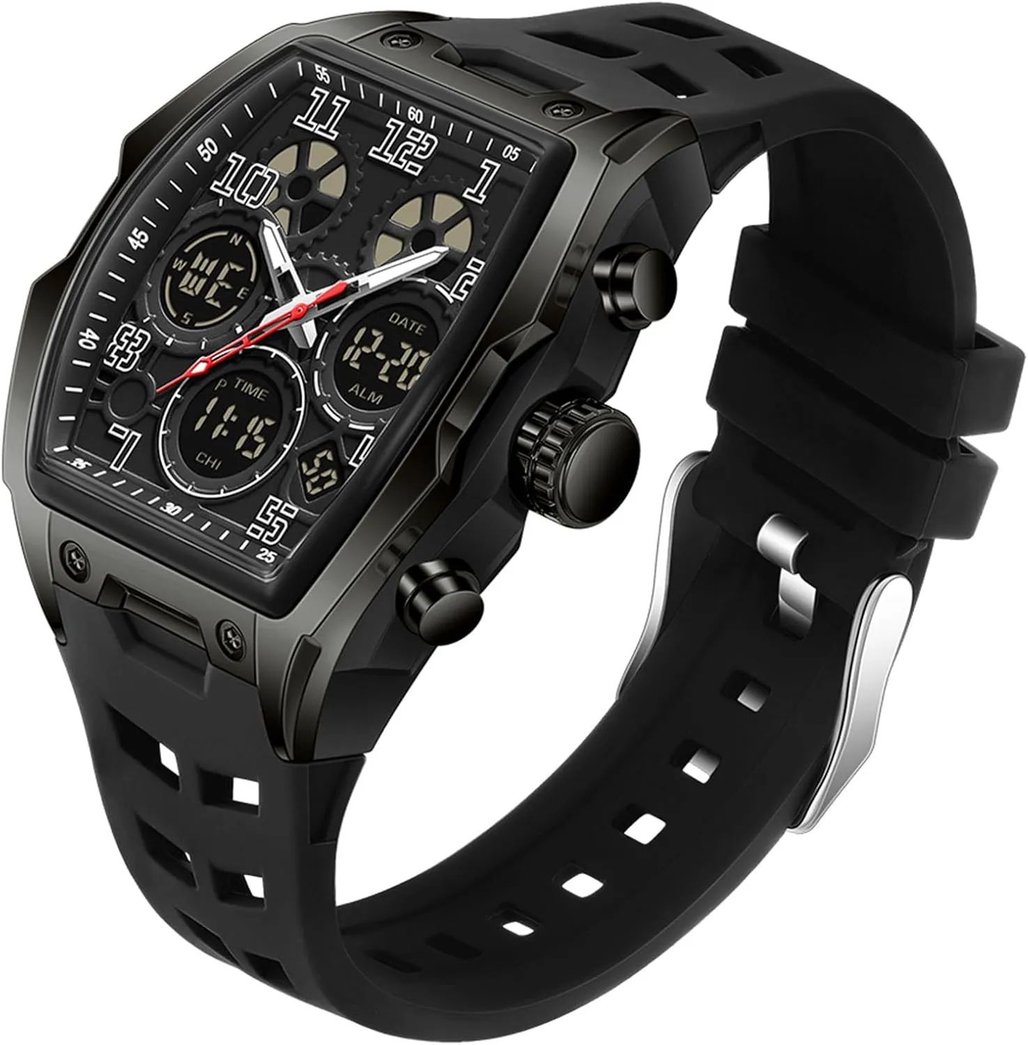 Stopwatch Punk Cool Design 5ATM Waterproof Gosasa squander solitary detective pet Watches for Men Luminous Rectangle Dial Silicone Wristwatch with Digital Analog Dual Time Display Countdown 