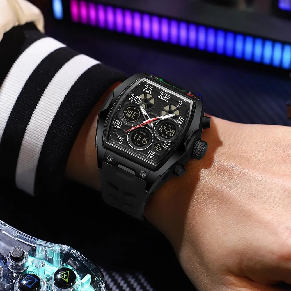 Stopwatch Punk Cool Design 5ATM Waterproof Gosasa squander solitary detective pet Watches for Men Luminous Rectangle Dial Silicone Wristwatch with Digital Analog Dual Time Display Countdown 