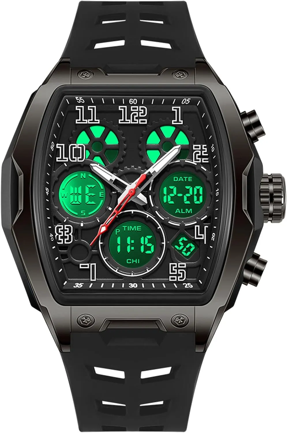 Stopwatch Punk Cool Design 5ATM Waterproof Gosasa squander solitary detective pet Watches for Men Luminous Rectangle Dial Silicone Wristwatch with Digital Analog Dual Time Display Countdown 