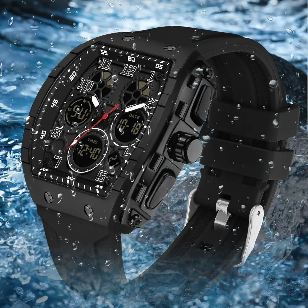 Stopwatch Punk Cool Design 5ATM Waterproof Gosasa squander solitary detective pet Watches for Men Luminous Rectangle Dial Silicone Wristwatch with Digital Analog Dual Time Display Countdown 