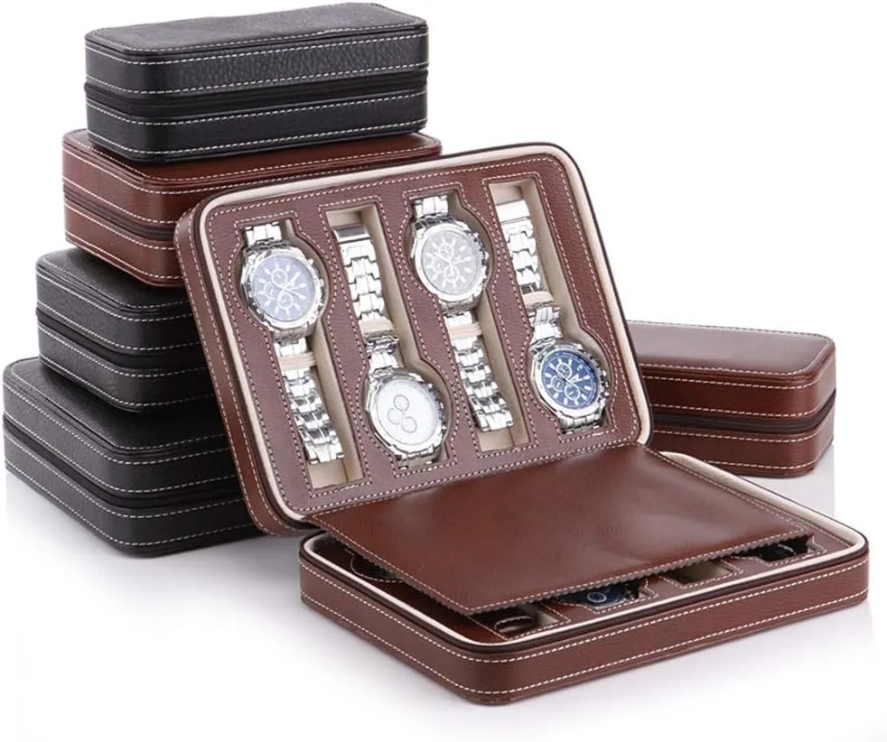 Storage Box (Black Color/Brown Color) 2 Slots / 4 Slots / 8 Slots satire haunt - PU Leather Zipper Watch Display Box, Portable Travel Watch Jewelry 