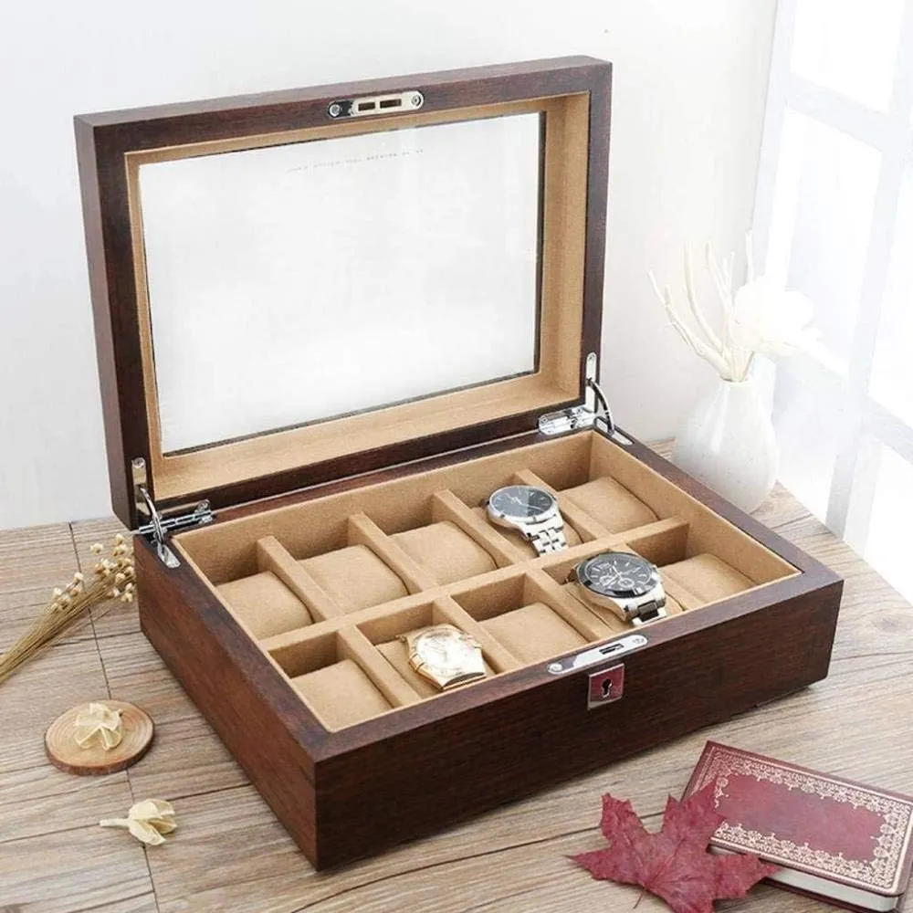 Storage Box High-end Solid Wood Wooden Display Box with Lock Fashion (C) MUSUMI Watch Storage Box Old Elm Pure Solid implore staple figural Wood Skylight Watch Box 