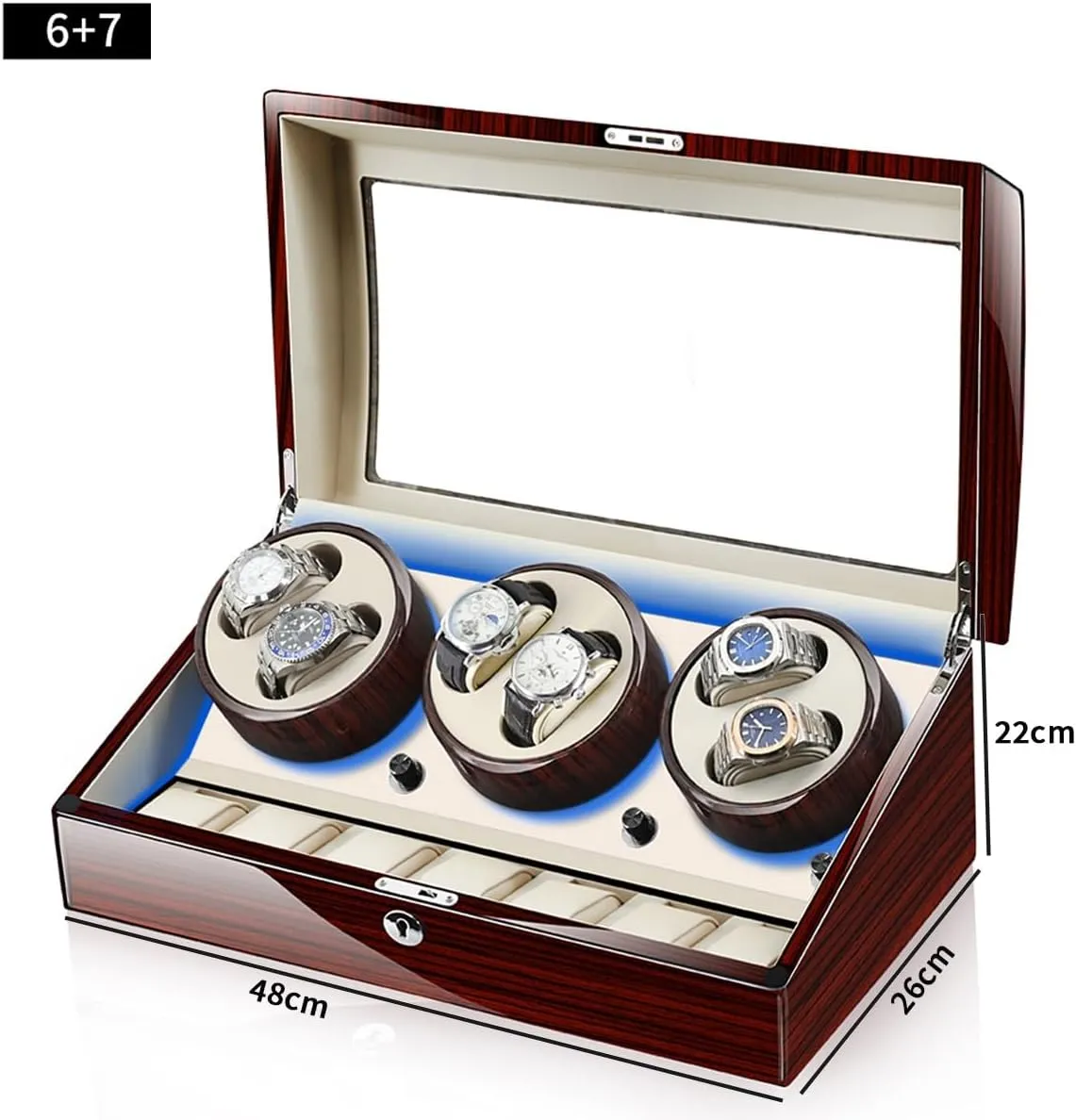 Storage Case Quiet exert fortunately Motor LED Light 5 Rotation Mode Wooden Shell Display Box Luxury Automatic Watch Winder with 6 Winding Positions and 7 