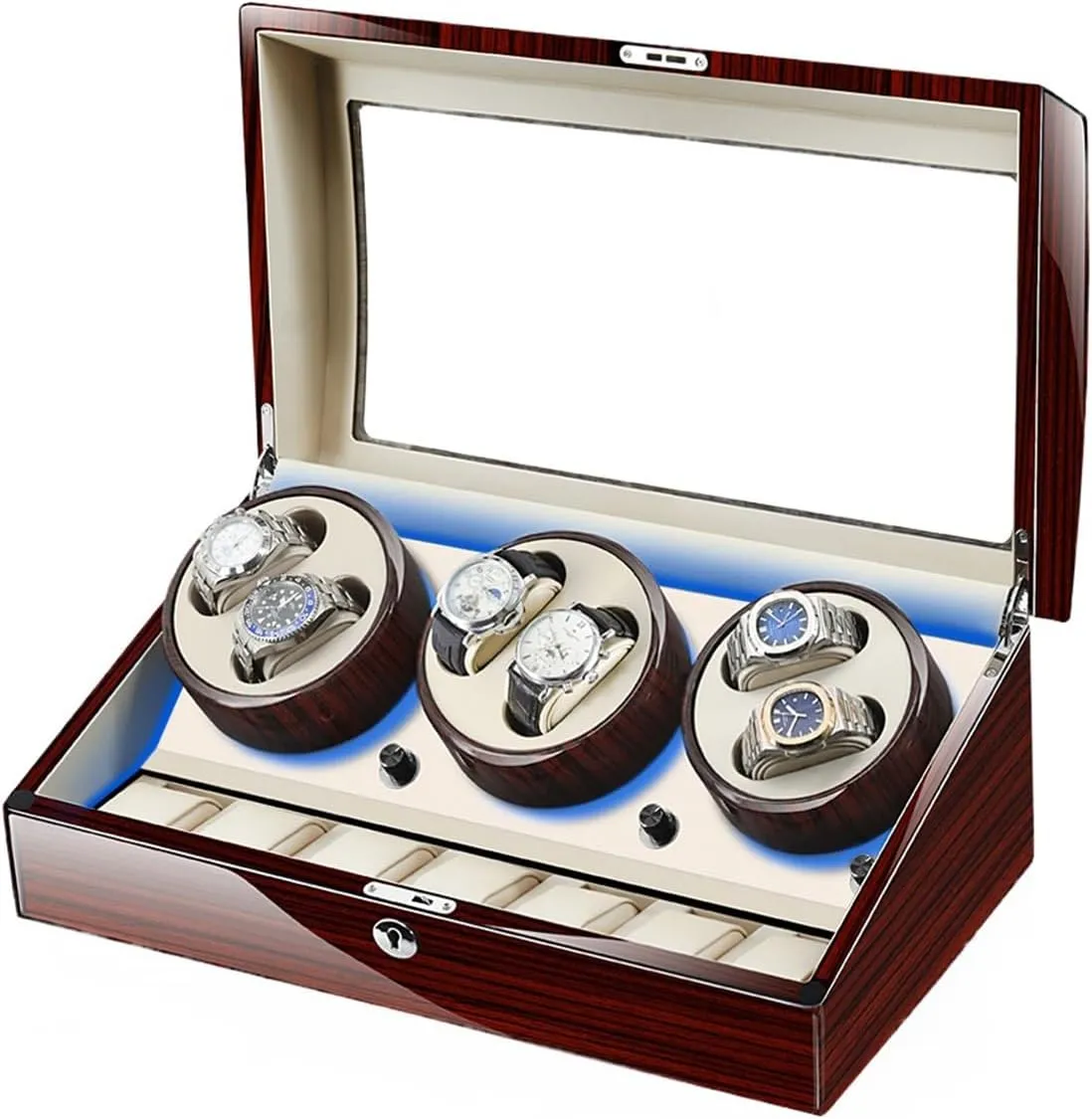 Storage Case Quiet exert fortunately Motor LED Light 5 Rotation Mode Wooden Shell Display Box Luxury Automatic Watch Winder with 6 Winding Positions and 7 