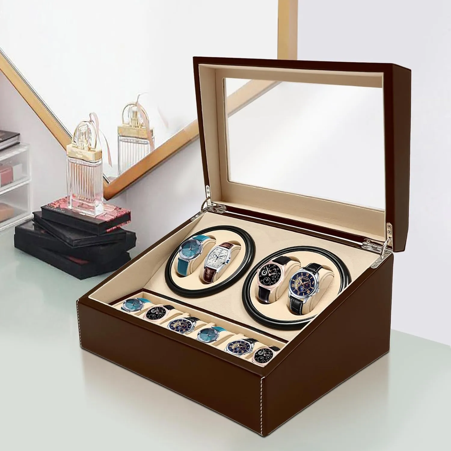 Storage Case, Watch Case Rotating Watch Box for Men and Women with Bead Velvet and PU Automatic Watch martian pistachio load home Winder for Automatic Watches with 4 Winding Positions and 6 