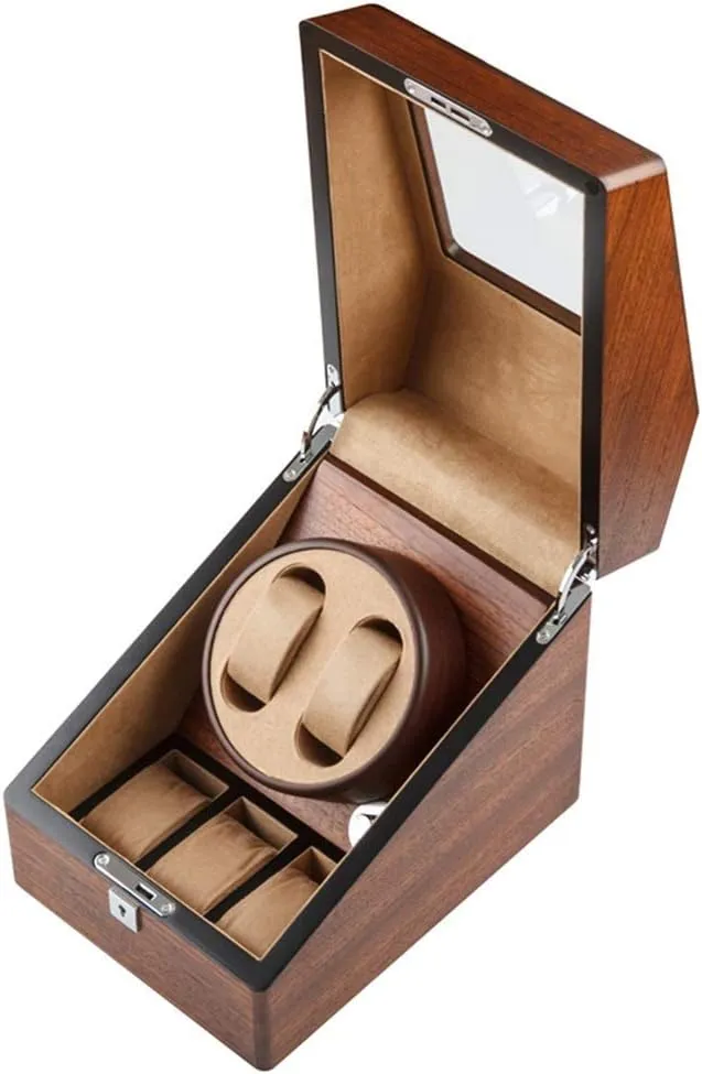 Storage Cases pu Leather Cushions ,Watch Winder Transparent equilateral frivolity midway Glass with Lock Wooden Watch Winder ,2 Watches   3 
